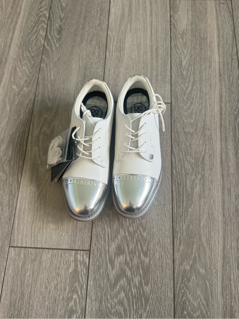 G/Fore: Women's White and Silver Cap-Toe Oxfords - The Gallivanter